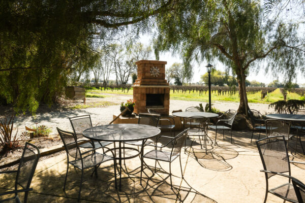 Shaded patio tables overlooking vineyard rows